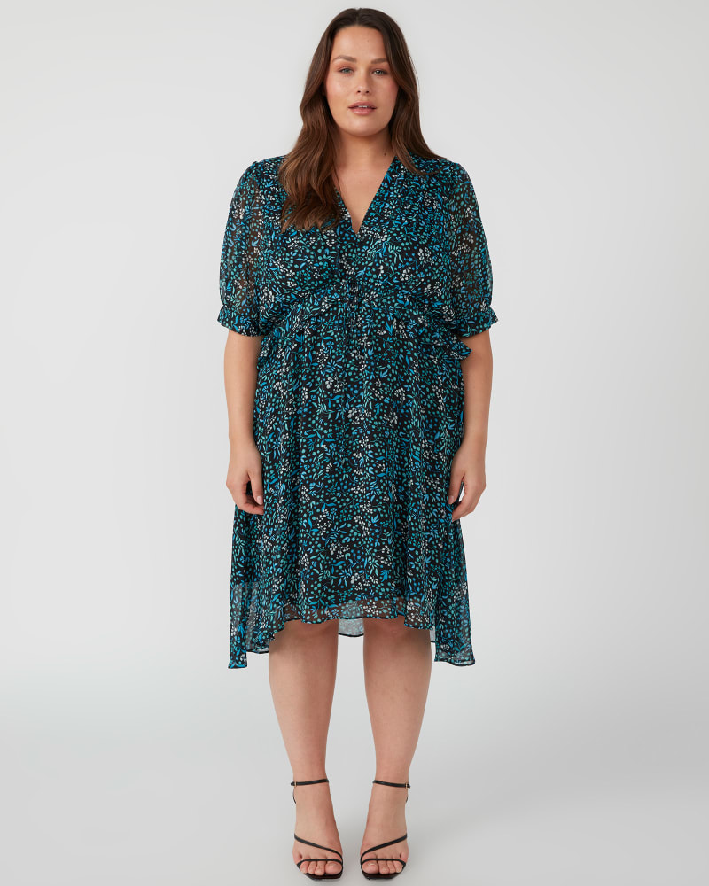 Front of a model wearing a size 18W Diane Mini Dress in Blue/Turquoise by Estelle. | dia_product_style_image_id:349575